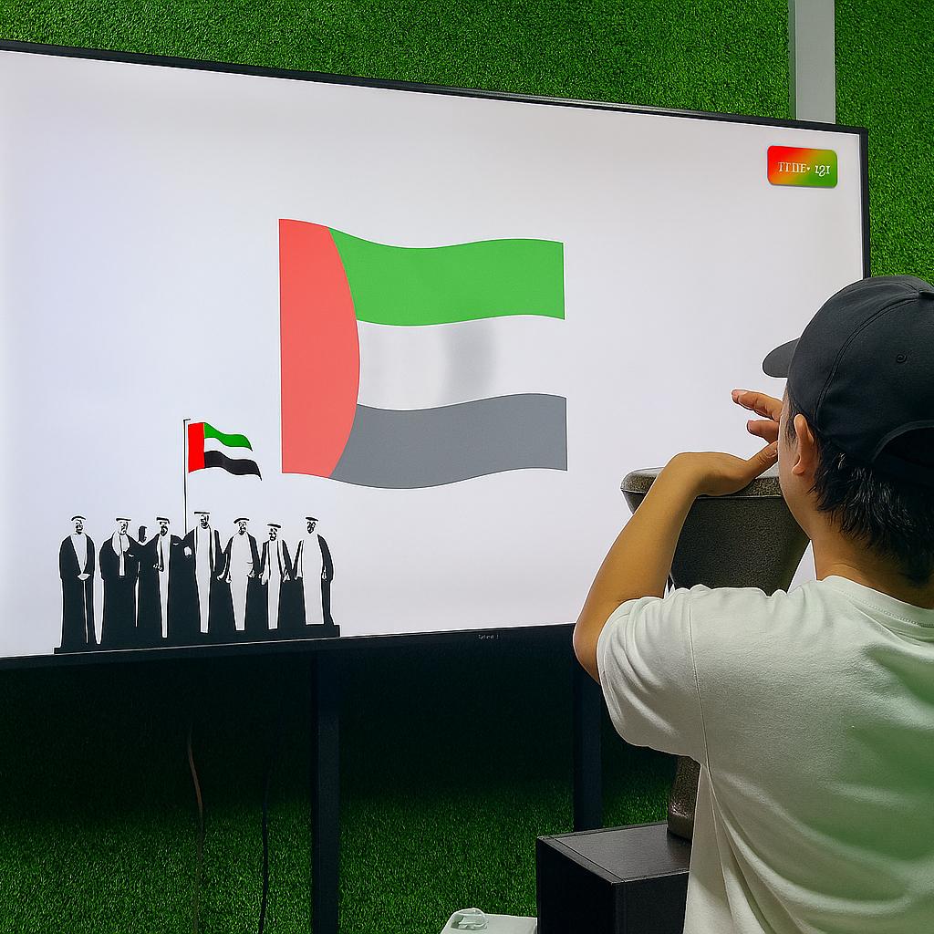 Guest playing Drum-to-Reveal interactive game at a Dubai event, beating the drum to reveal a hidden image on a large screen, designed for exhibitions and activations.